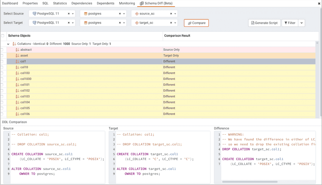 schema diff dialog